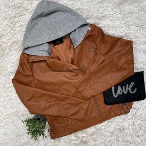 Love Tree Moto Jacket With Removable Hood 💗 Cognac & Gray